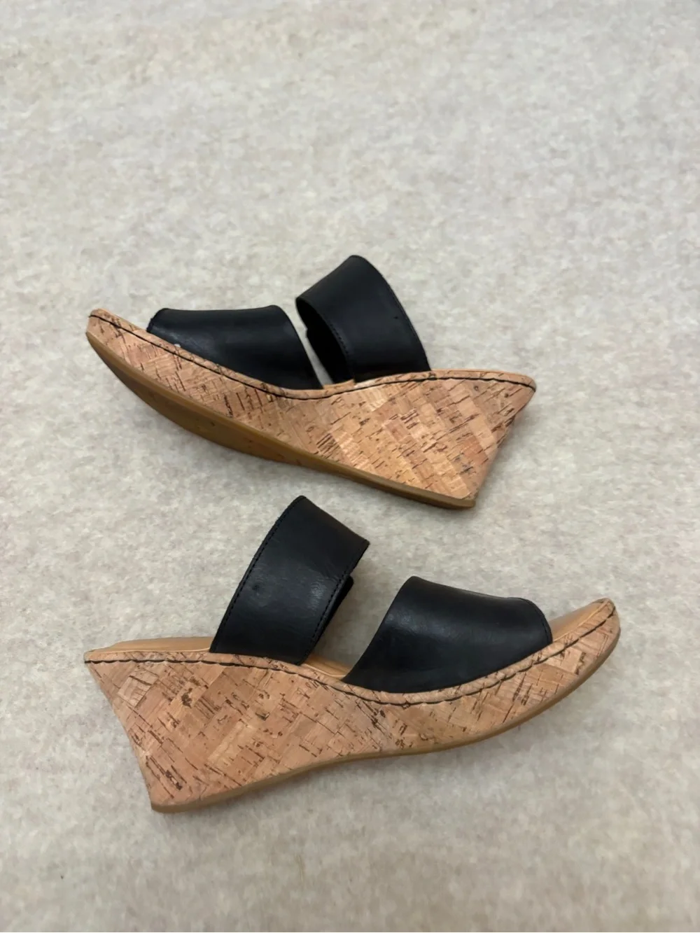 Born Black Leather Straps Slip On Cork Wedge Sandal Women’s size 9